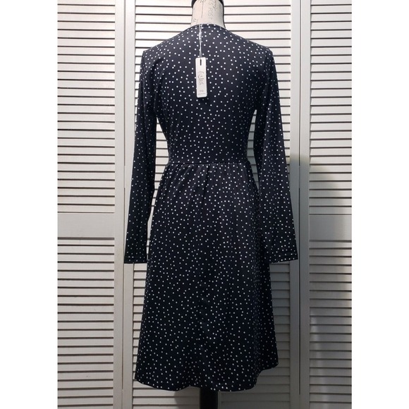 Kilig Polka-dot Midi Dress Women's Black Medium Long Sleeve Faux Button Pockets - Picture 4 of 9